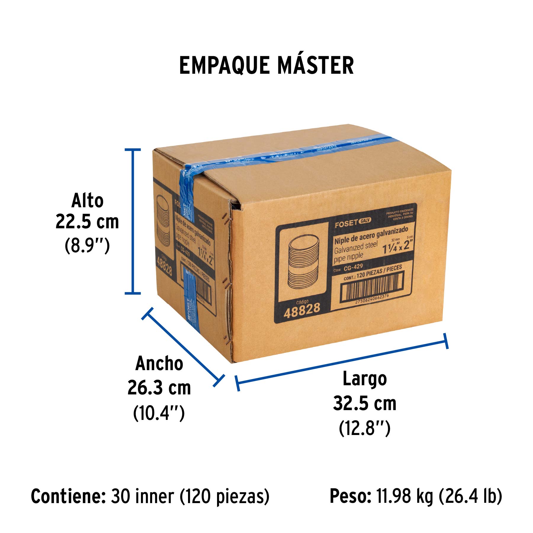 Niple, acero galvanizado, 1-1/4 x 2", cedula 40