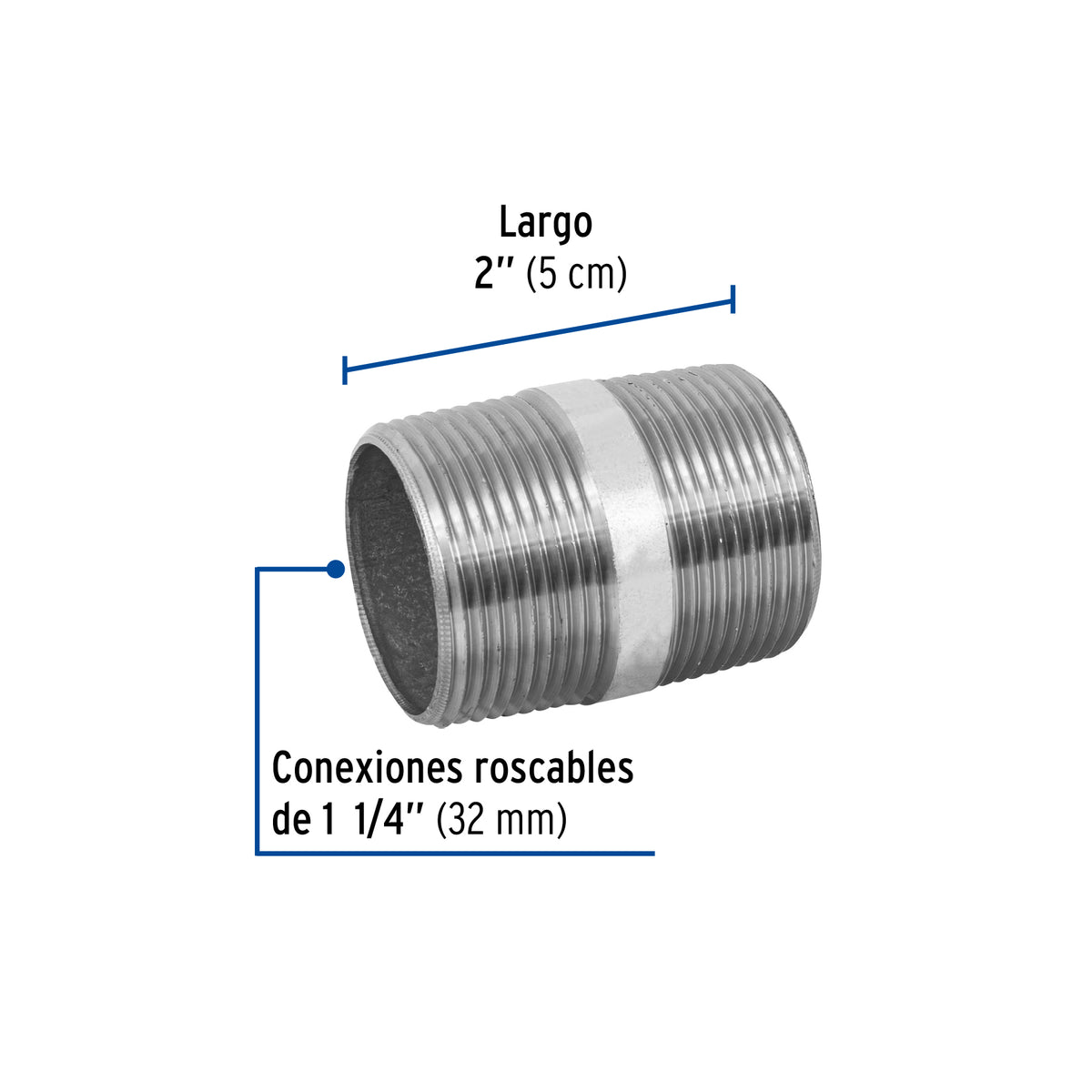 Niple, acero galvanizado, 1-1/4 x 2", cedula 40