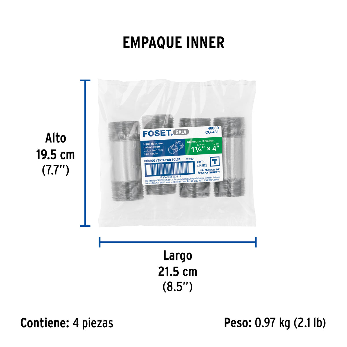 Niple, acero galvanizado, 1-1/4 x 4", cedula 40