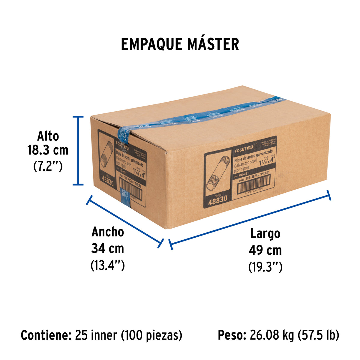 Niple, acero galvanizado, 1-1/4 x 4", cedula 40