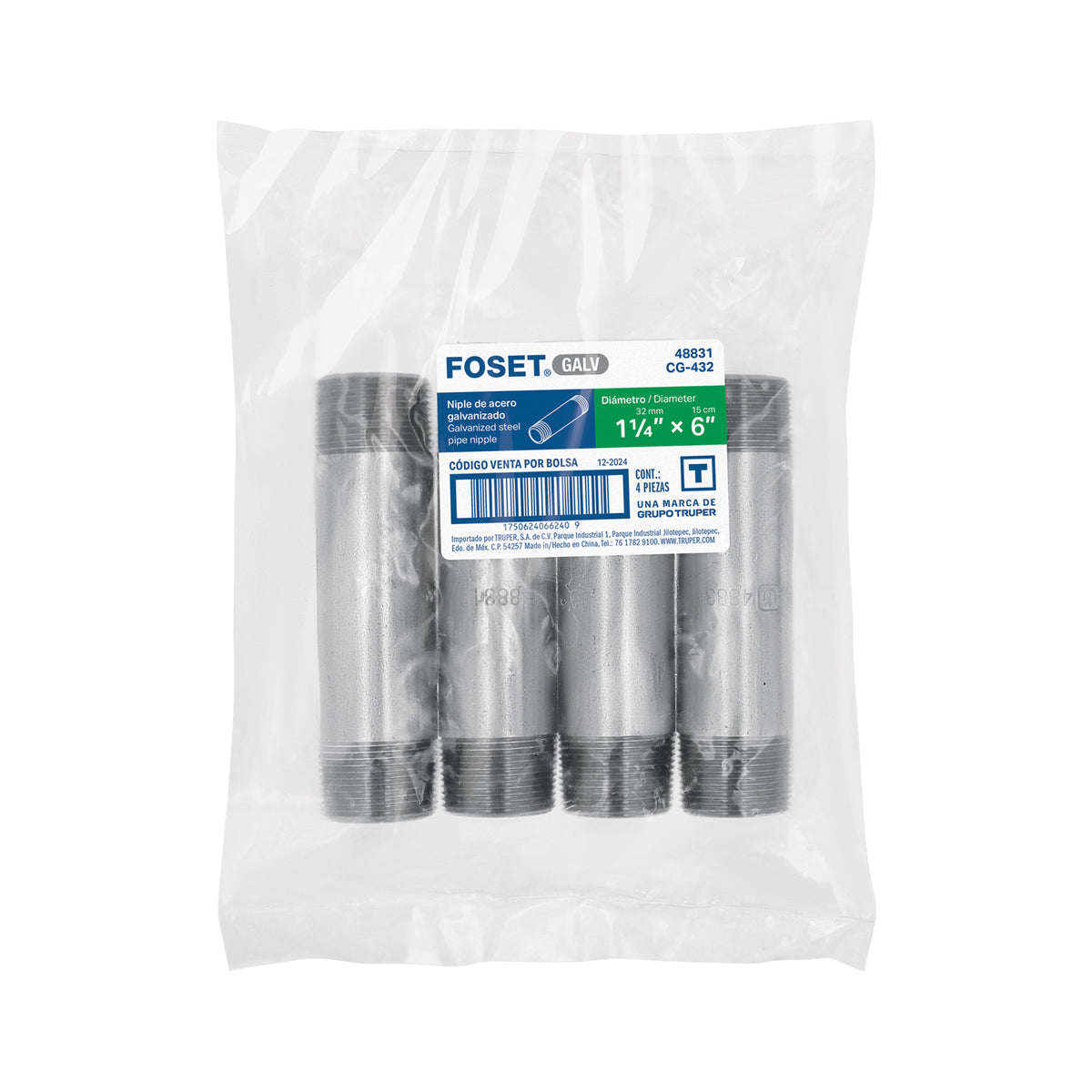 Niple, acero galvanizado, 1-1/4 x 6", cedula 40