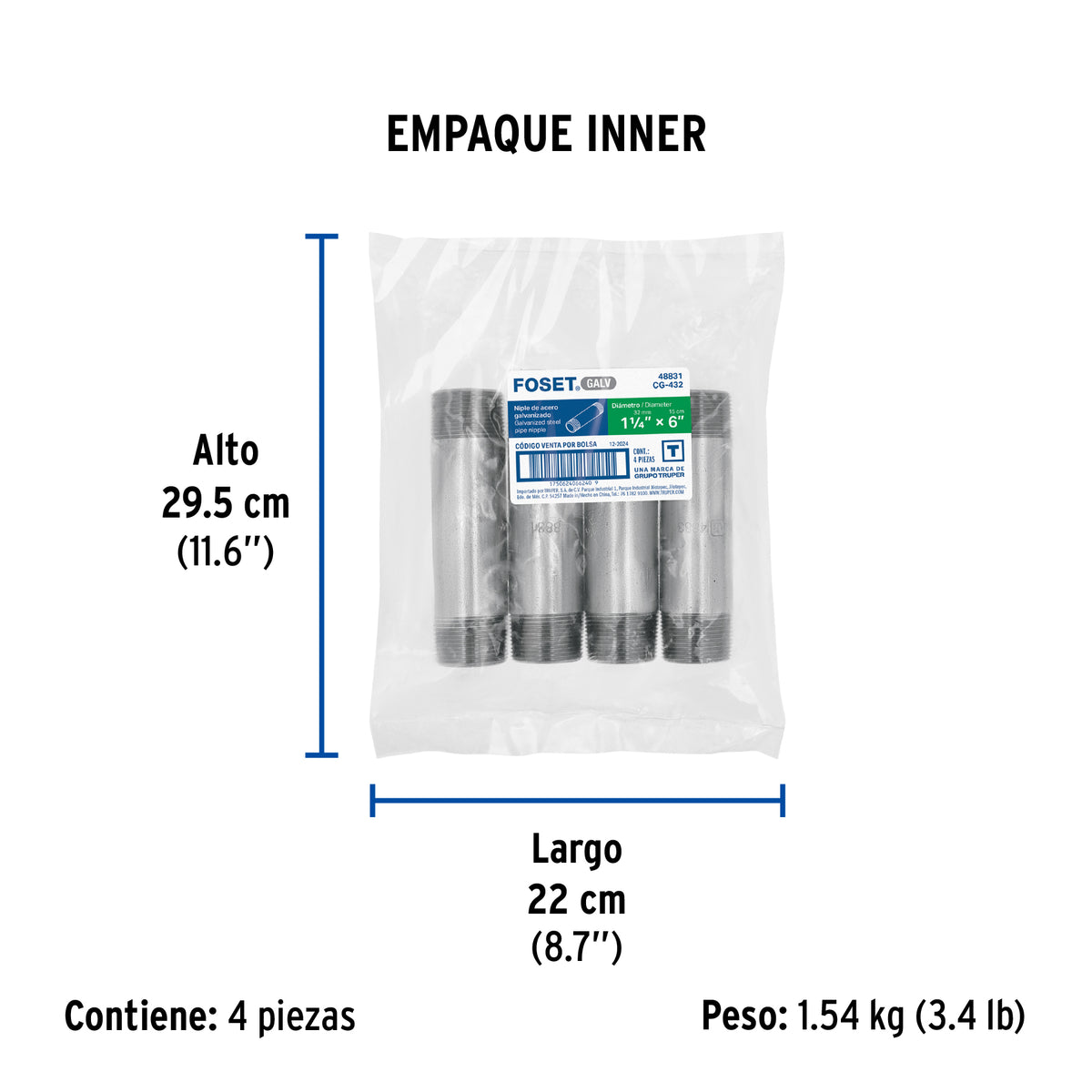 Niple, acero galvanizado, 1-1/4 x 6", cedula 40