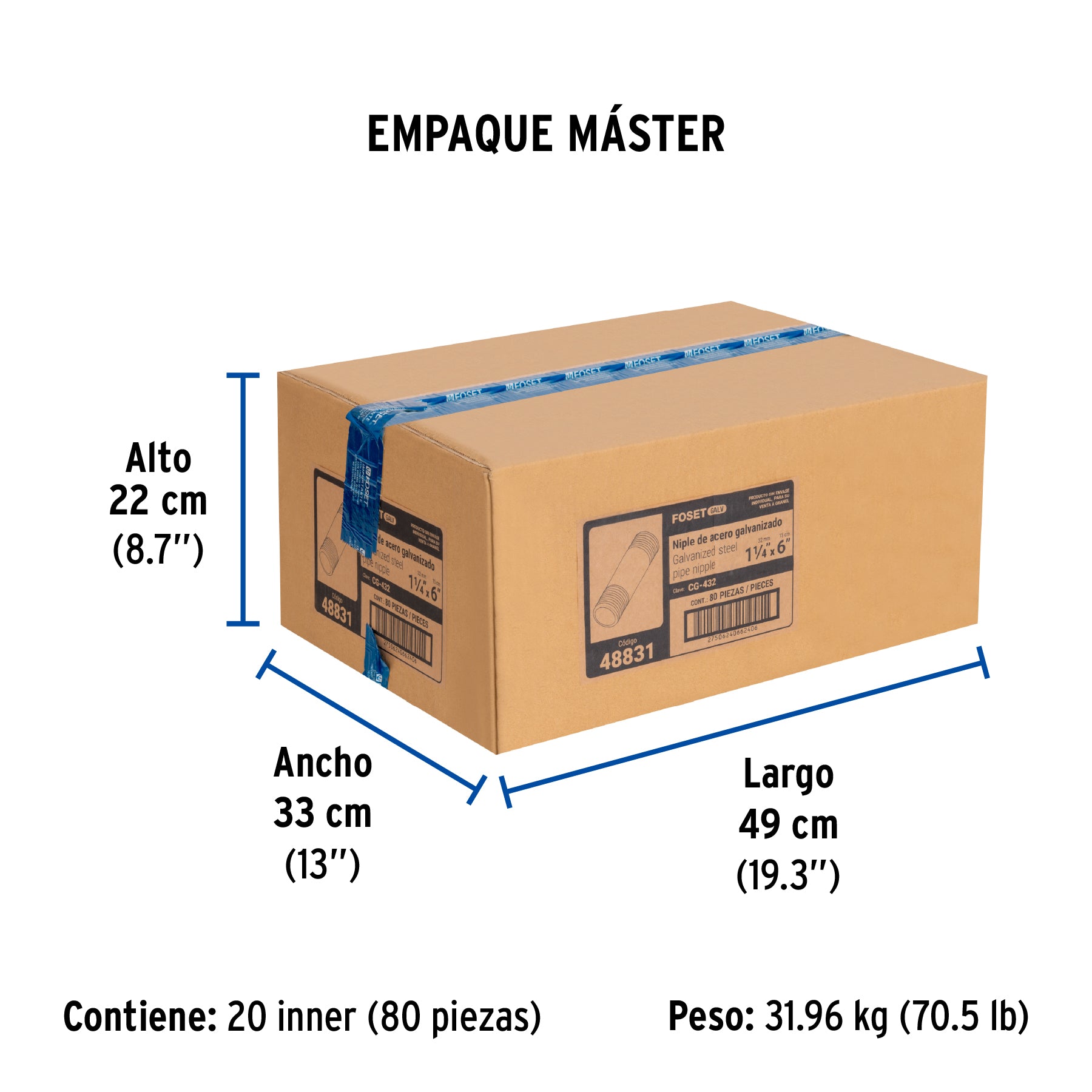 Niple, acero galvanizado, 1-1/4 x 6", cedula 40