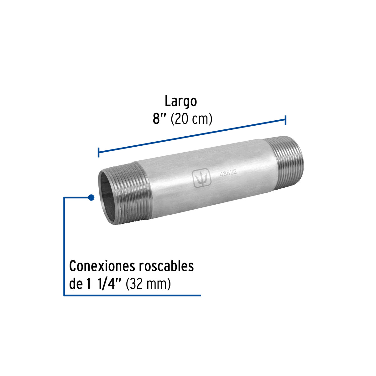 Niple, acero galvanizado, 1-1/4 x 8", cedula 40