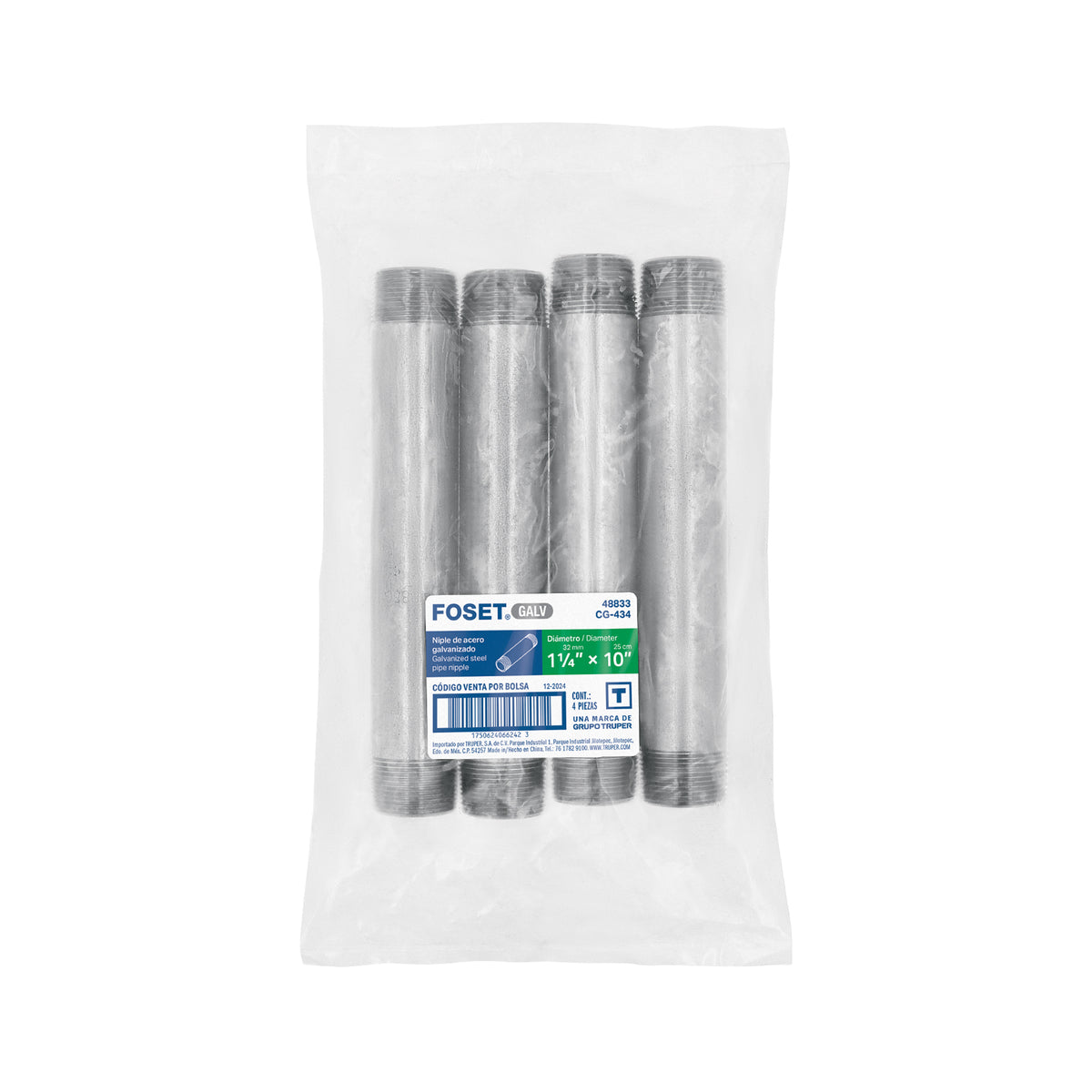 Niple, acero galvanizado, 1-1/4 x 10", cedula 40