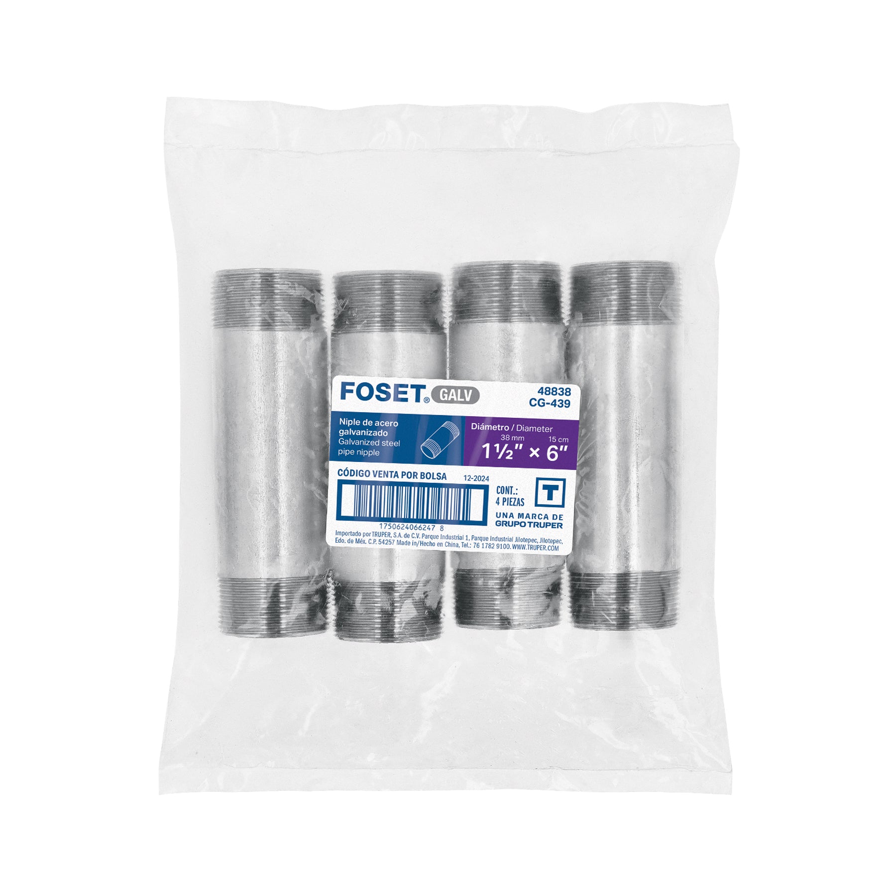Niple, acero galvanizado, 1-1/2 x 6", cedula 40