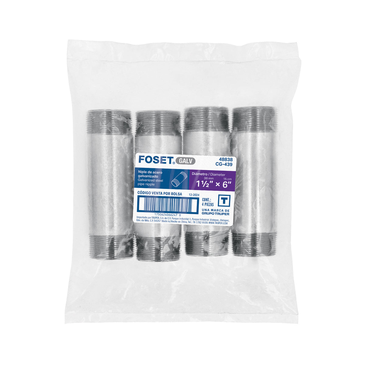 Niple, acero galvanizado, 1-1/2 x 6", cedula 40