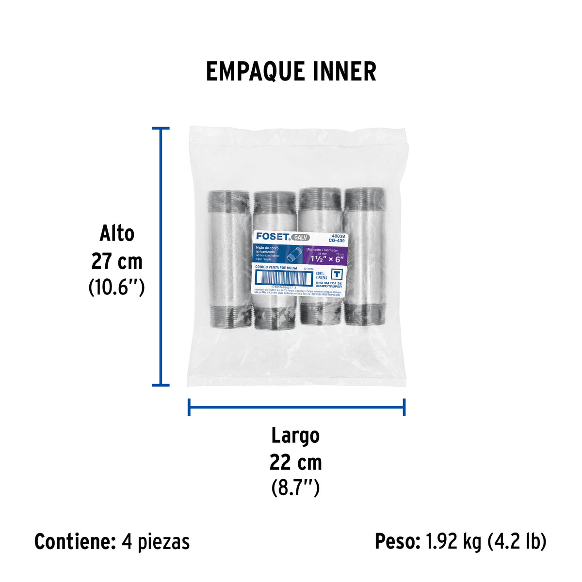 Niple, acero galvanizado, 1-1/2 x 6", cedula 40