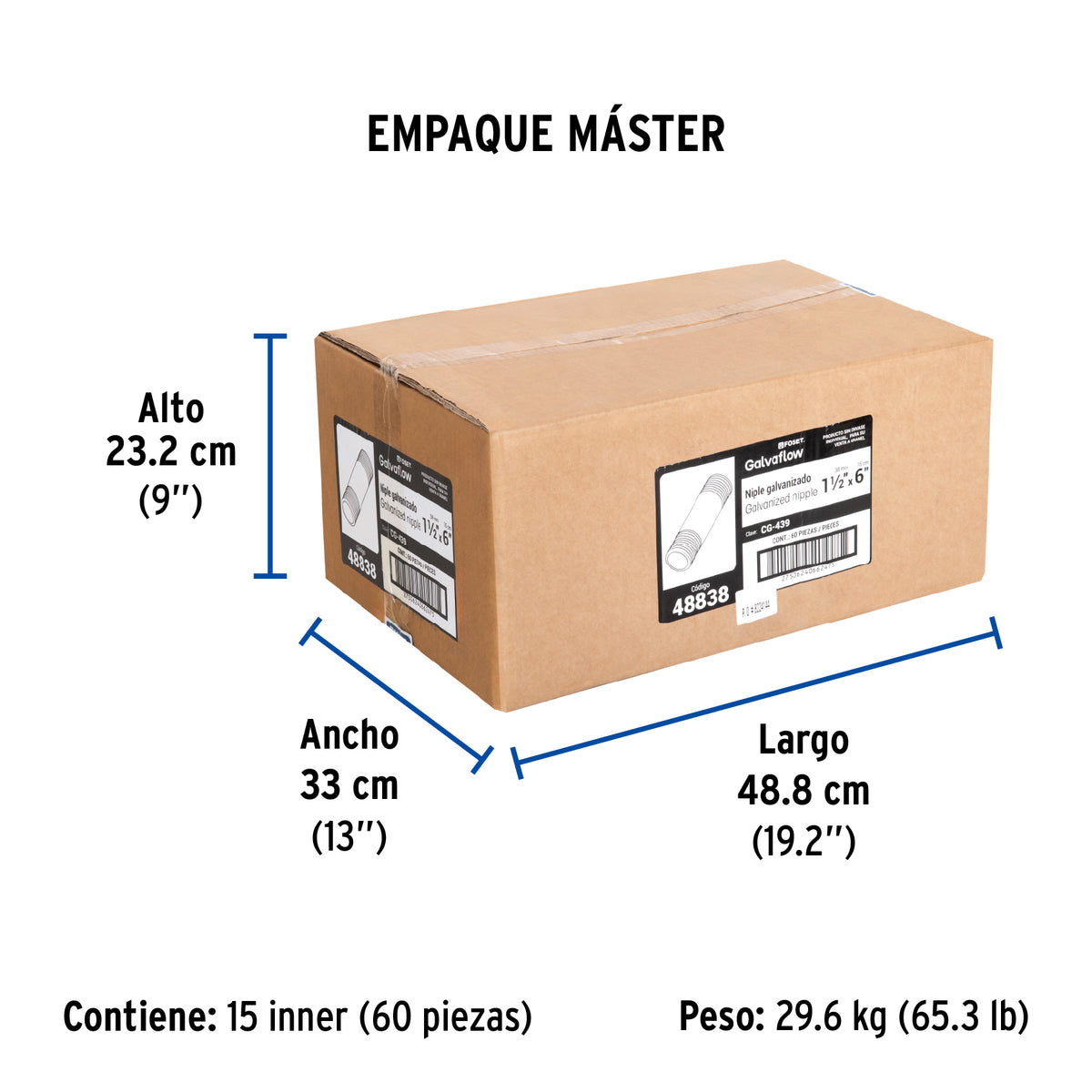 Niple, acero galvanizado, 1-1/2 x 6", cedula 40