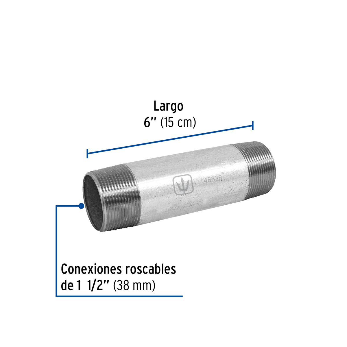 Niple, acero galvanizado, 1-1/2 x 6", cedula 40