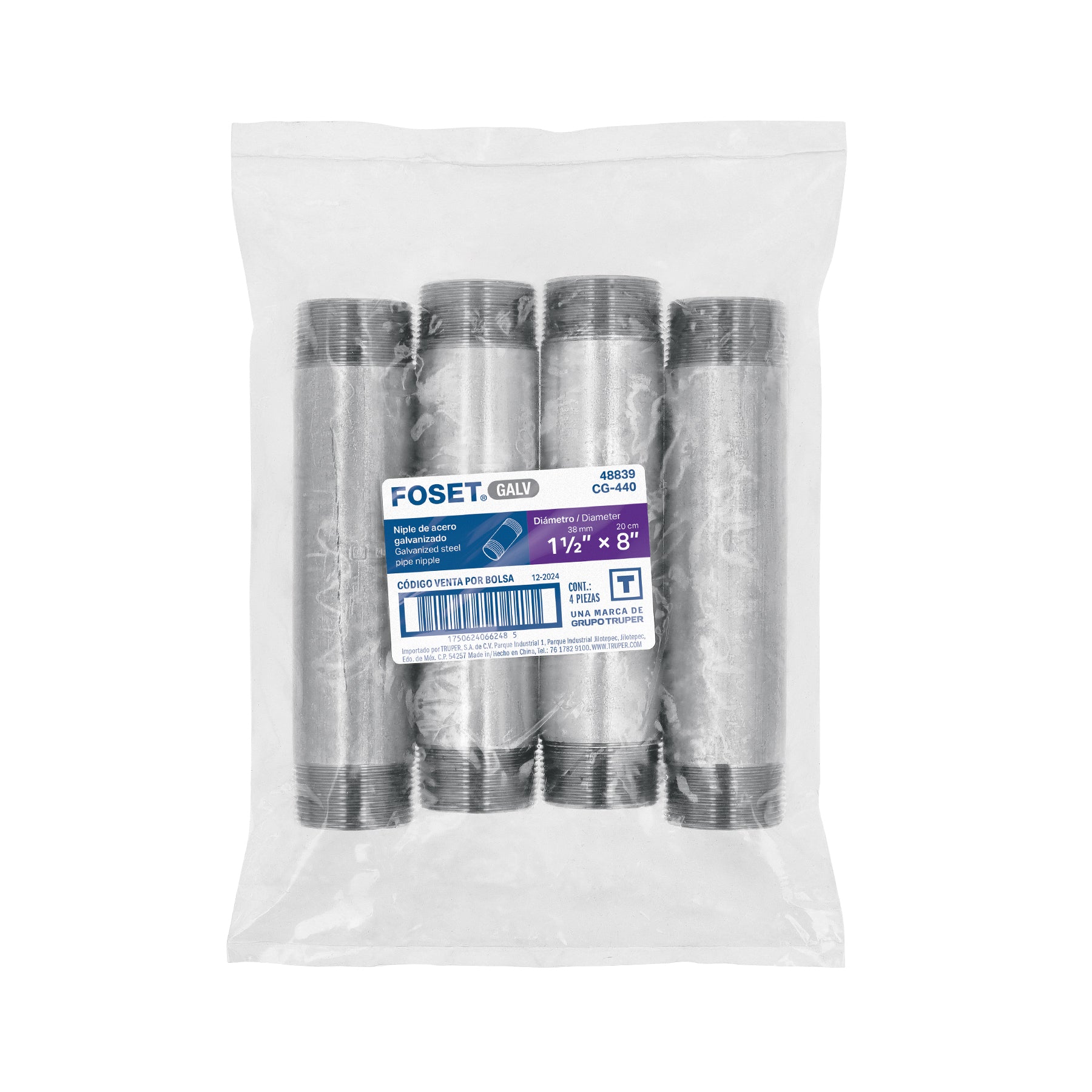 Niple, acero galvanizado, 1-1/2 x 8", cedula 40
