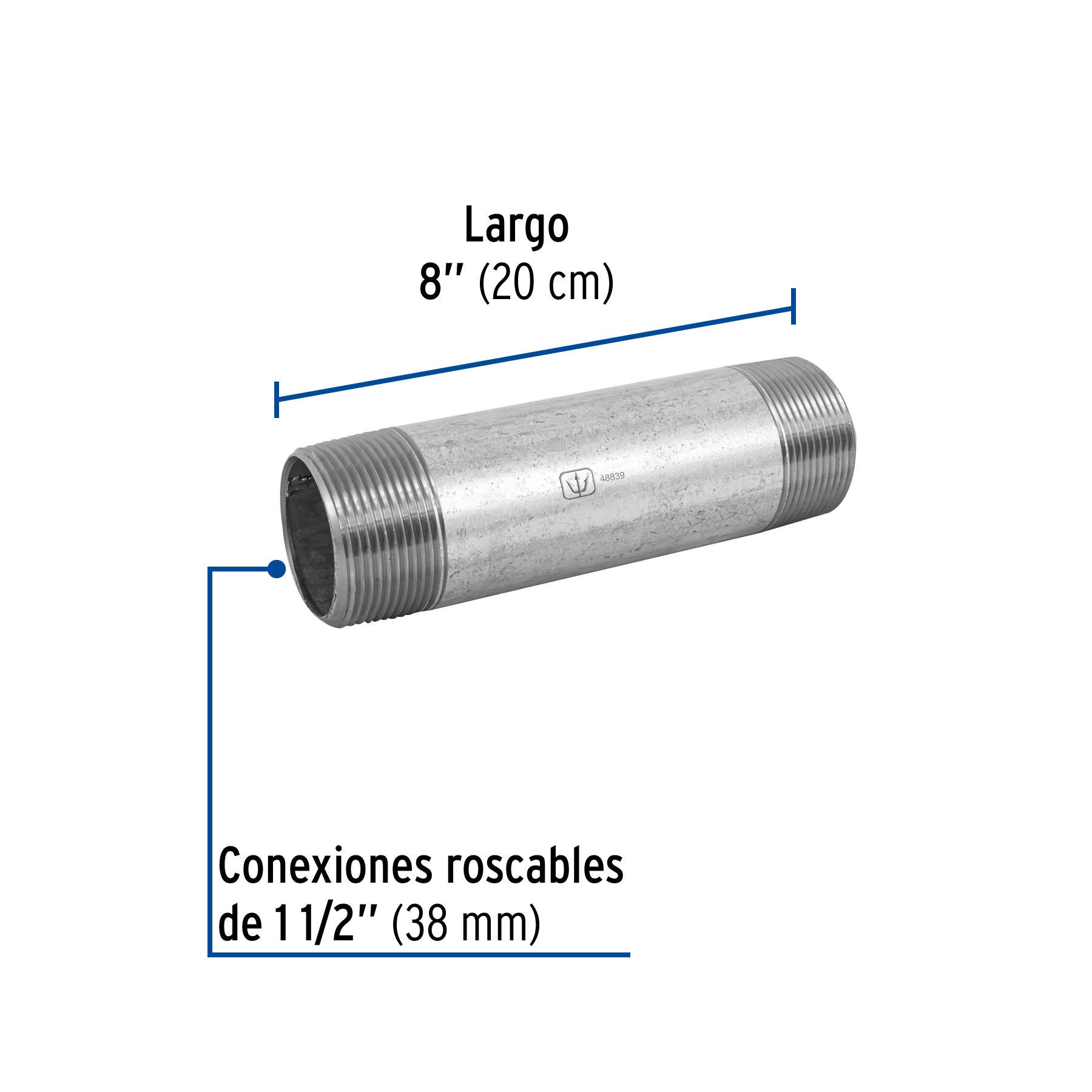 Niple, acero galvanizado, 1-1/2 x 8", cedula 40