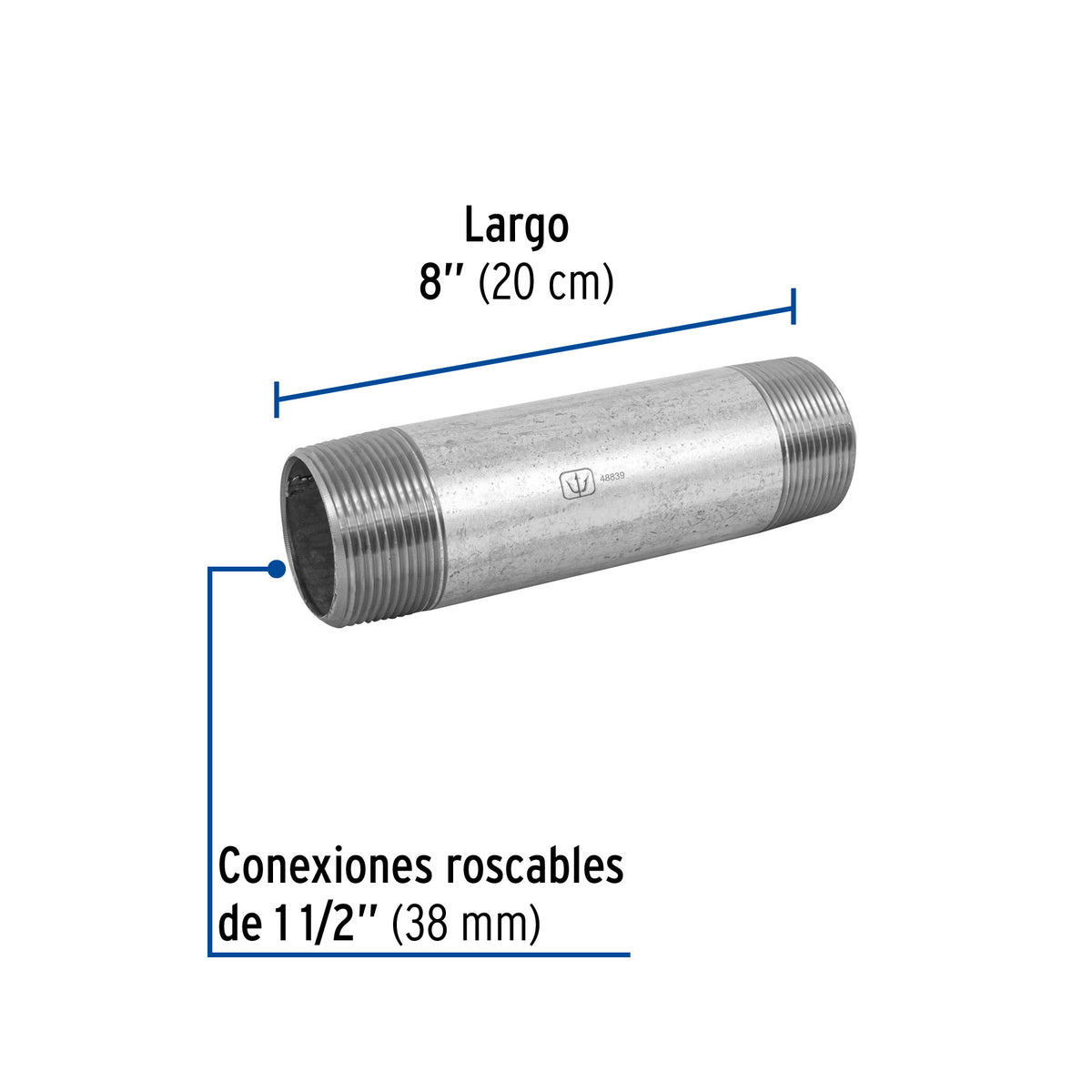 Niple, acero galvanizado, 1-1/2 x 8", cedula 40