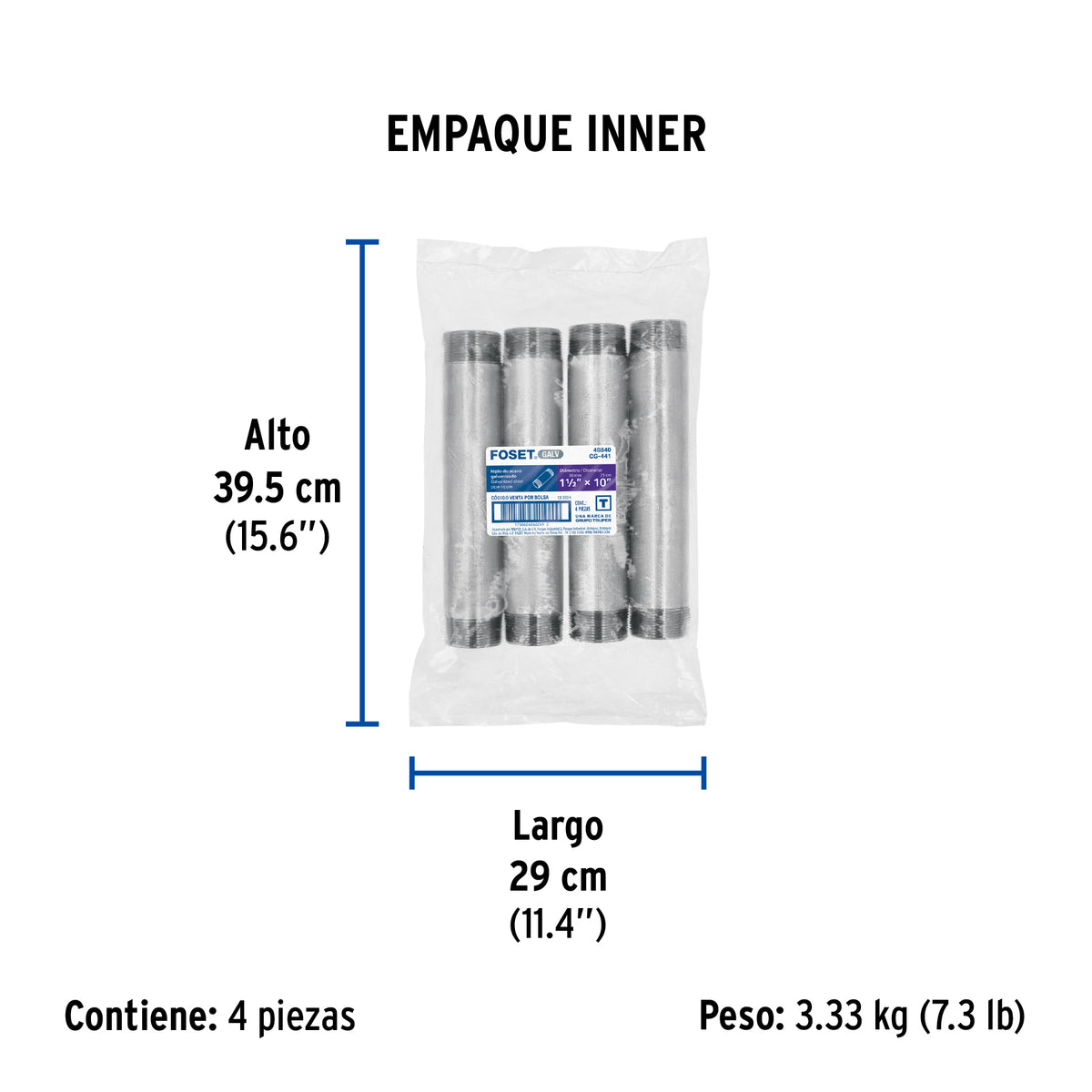 Niple, acero galvanizado, 1-1/2 x 10", cedula 40
