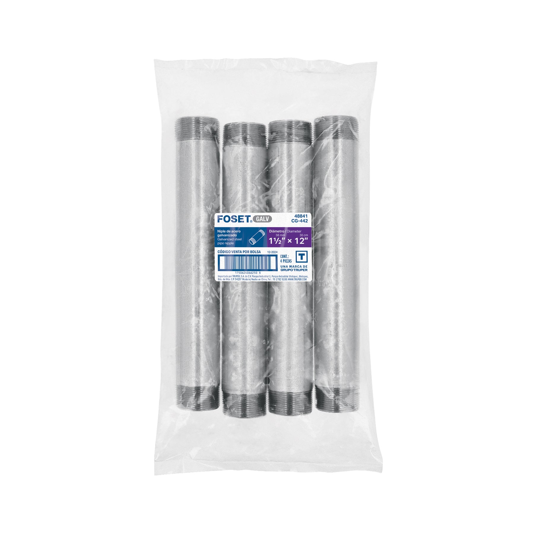 Niple, acero galvanizado, 1-1/2 x 12", cedula 40