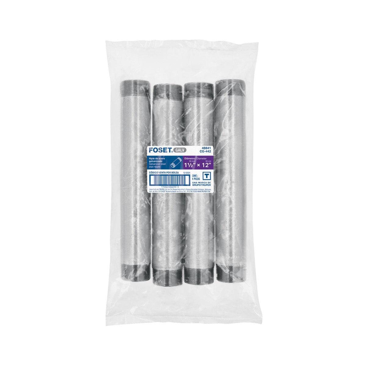 Niple, acero galvanizado, 1-1/2 x 12", cedula 40