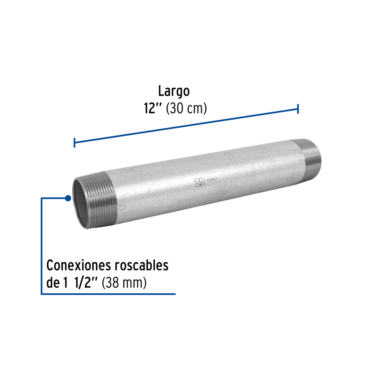 Niple, acero galvanizado, 1-1/2 x 12", cedula 40