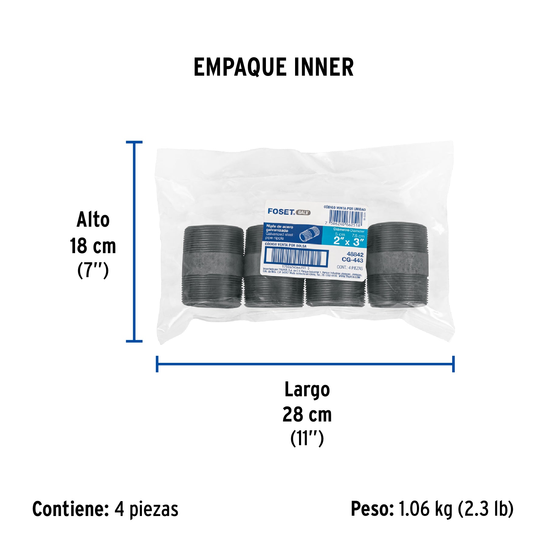 Niple, acero galvanizado, 2 x 3", cedula 40