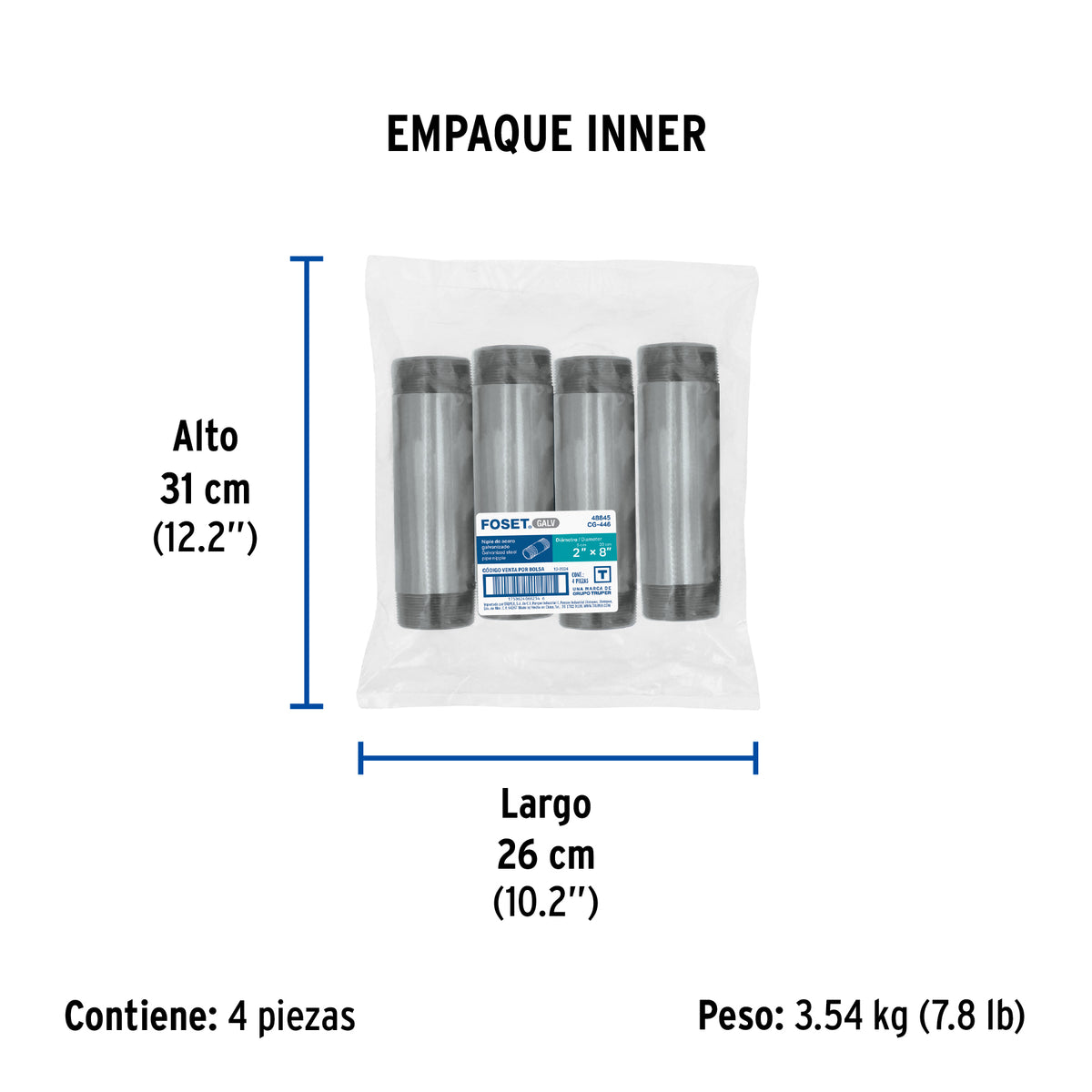 Niple, acero galvanizado, 2 x 8", cedula 40