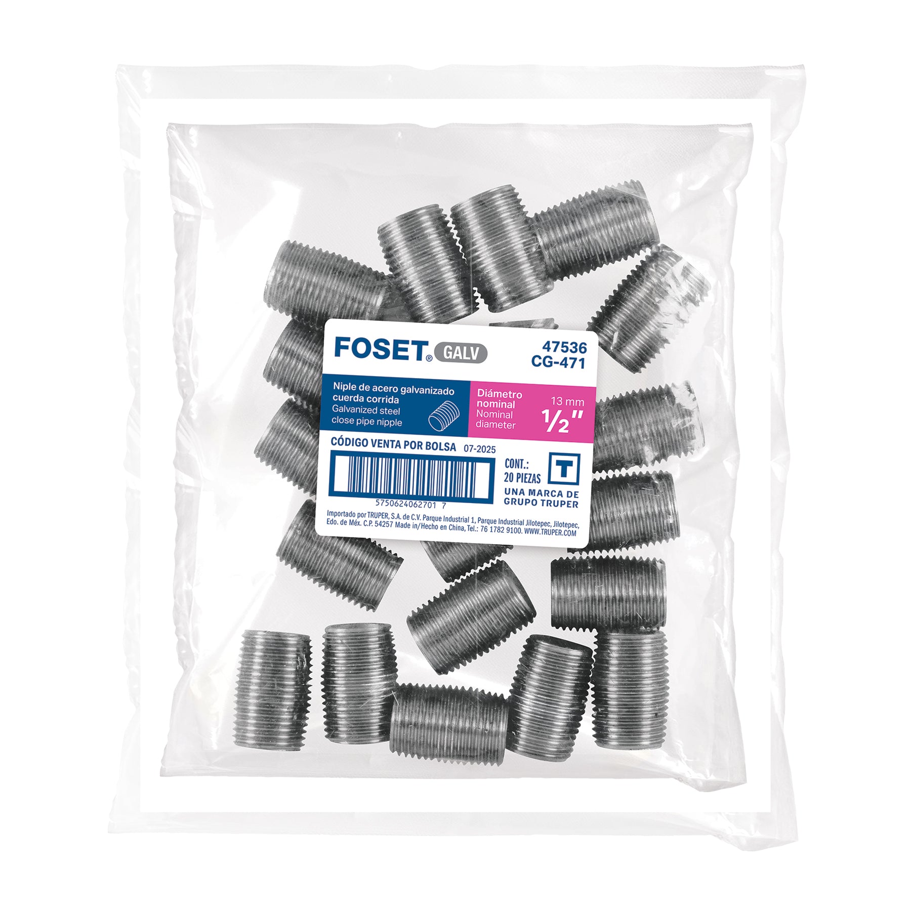 Niple, acero galvanizado, cuerda corrida, 1/2" cédula 40