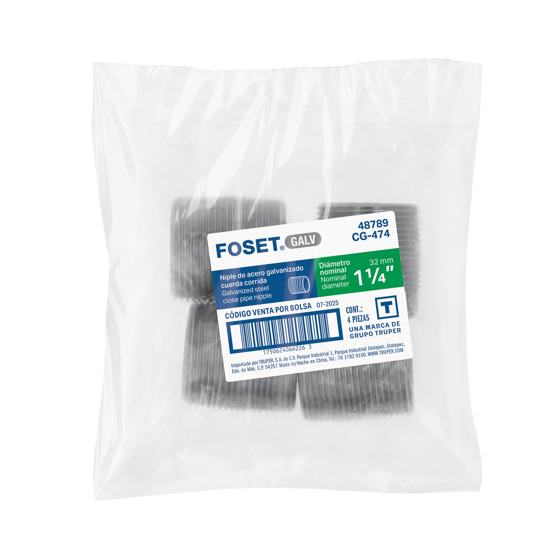 Niple, acero galvanizado, cuerda corrida, 1-1/4"