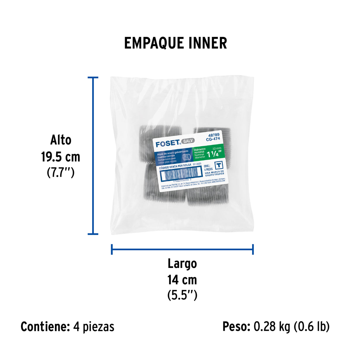 Niple, acero galvanizado, cuerda corrida, 1-1/4"