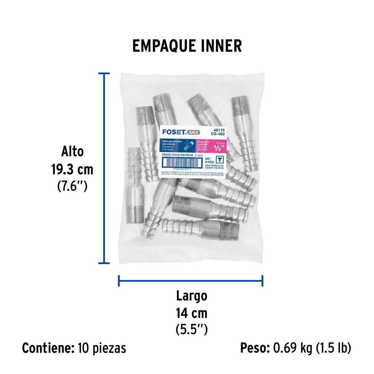Niple galvanizado tipo botella, 1/2"