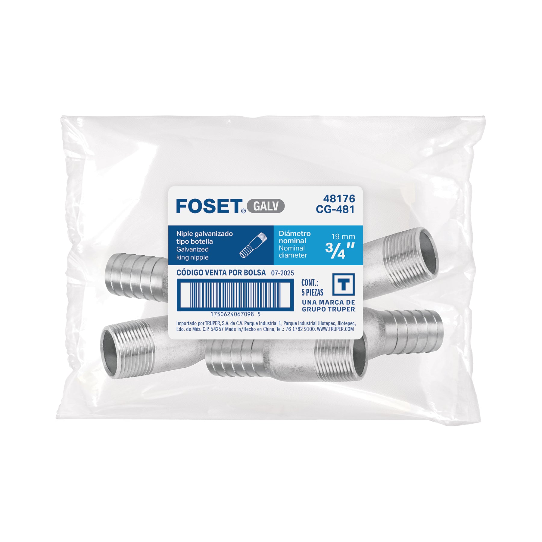Niple galvanizado tipo botella, 3/4"