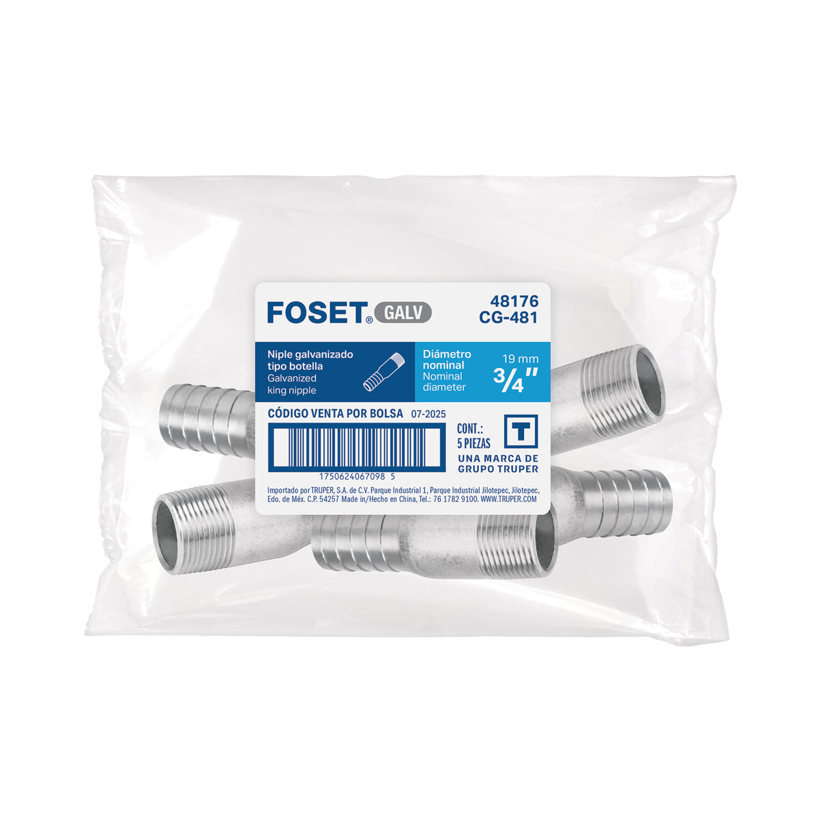 Niple galvanizado tipo botella, 3/4"