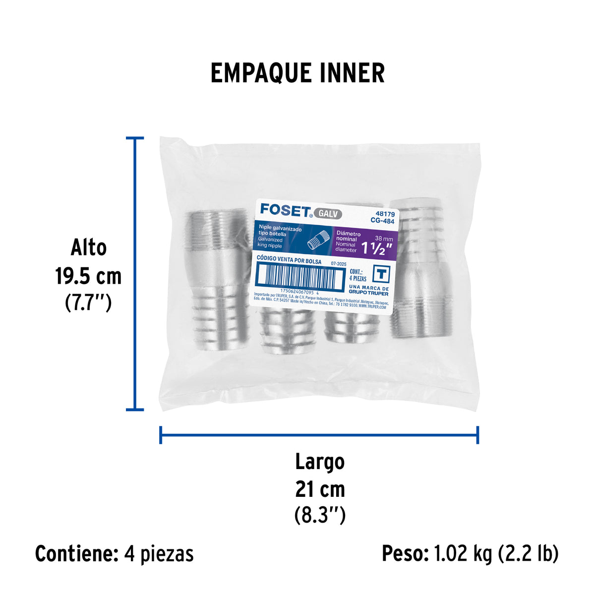 Niple galvanizado tipo botella, 1-1/2"