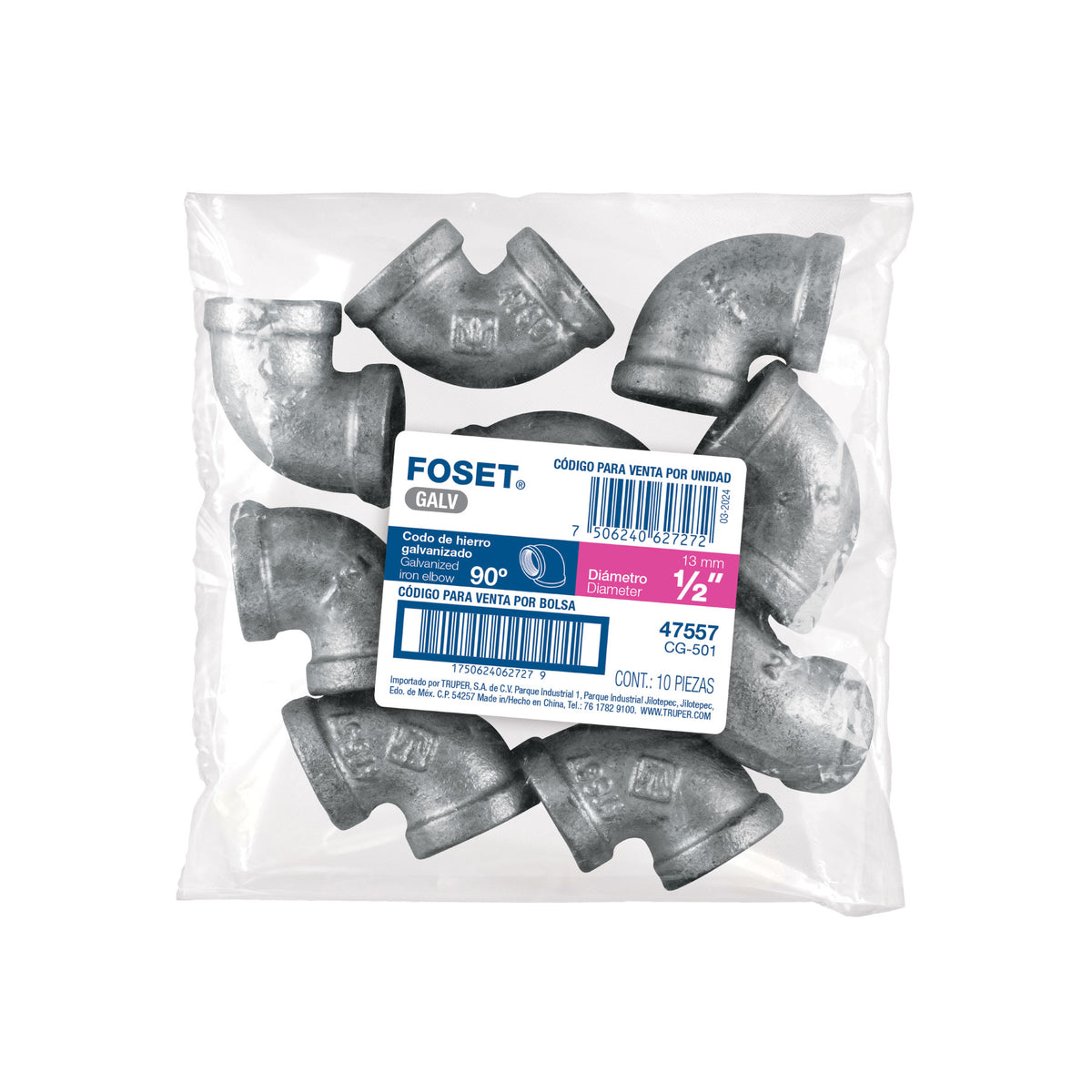 Codo 90°, acero galvanizado, 1/2"