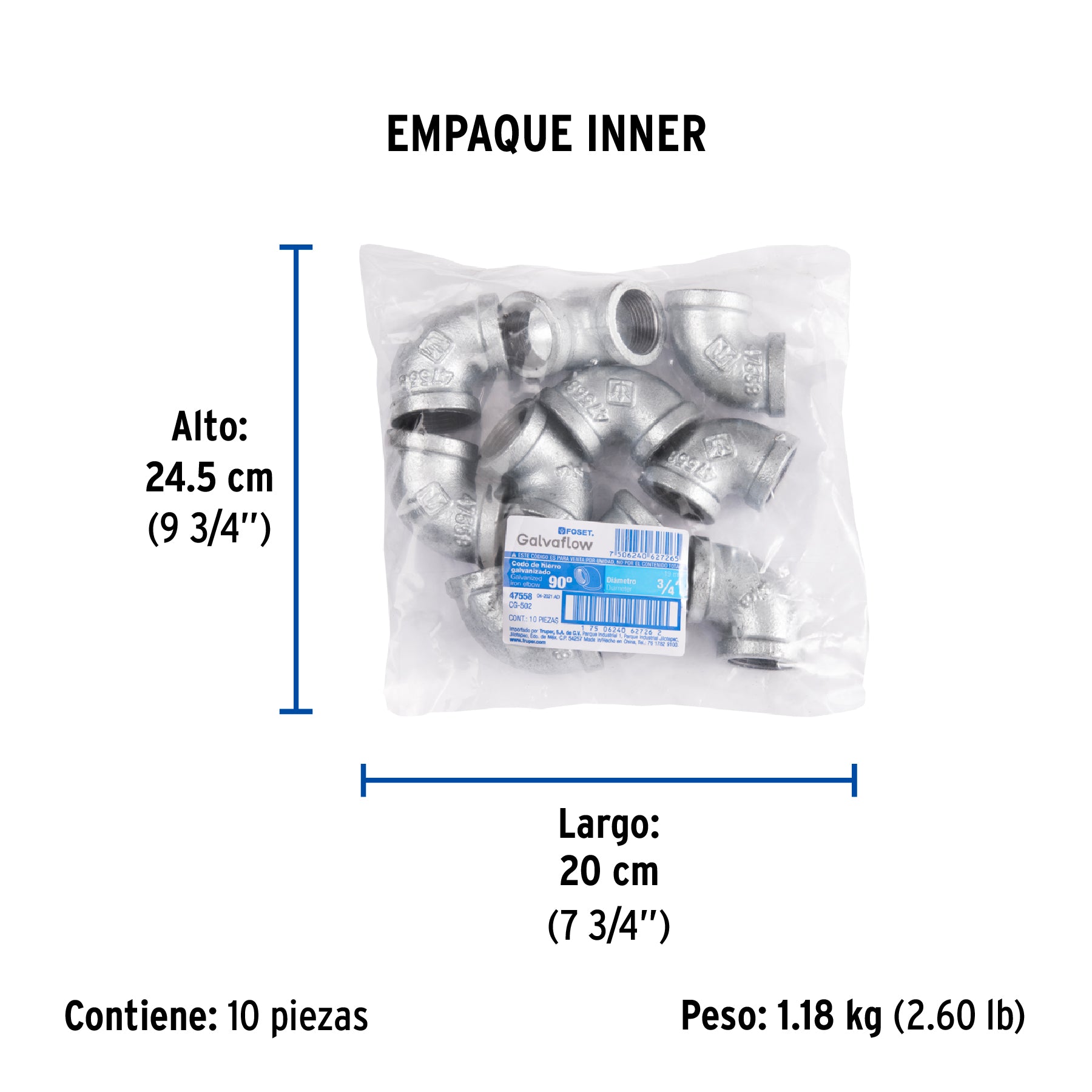 Codo 90°, acero galvanizado, 3/4"