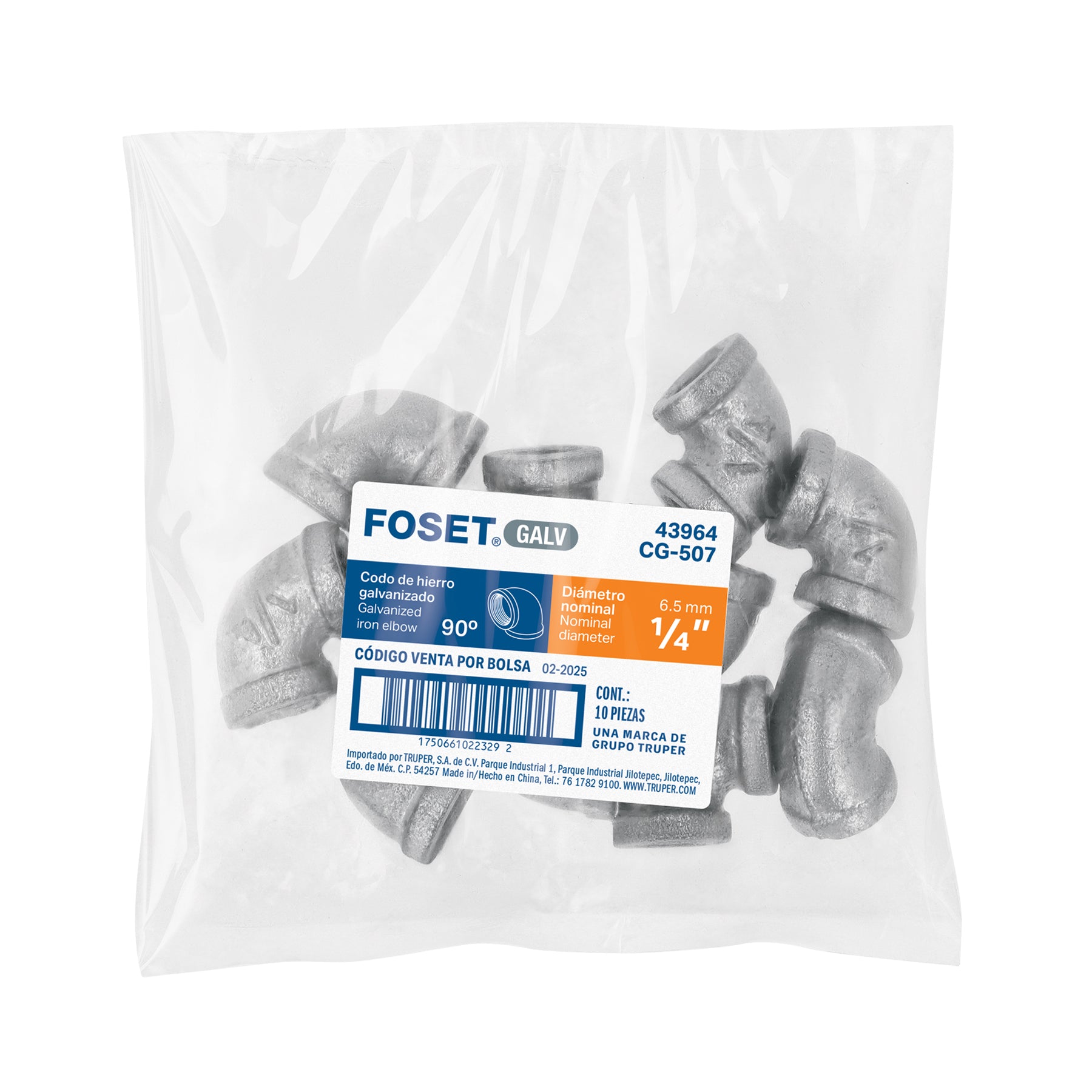 Codo 90° acero galvanizado de 1/4', FOSET
