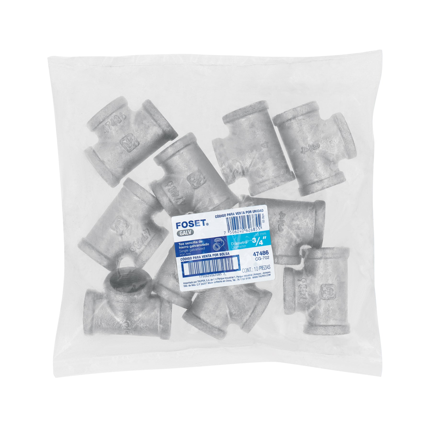 Tee sencilla, acero galvanizado, 3/4"