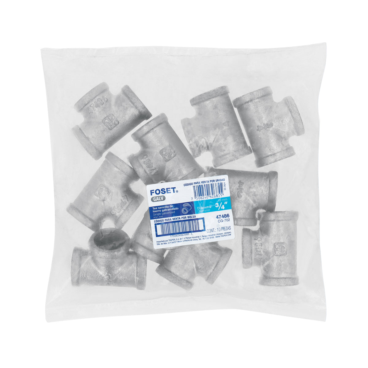 Tee sencilla, acero galvanizado, 3/4"