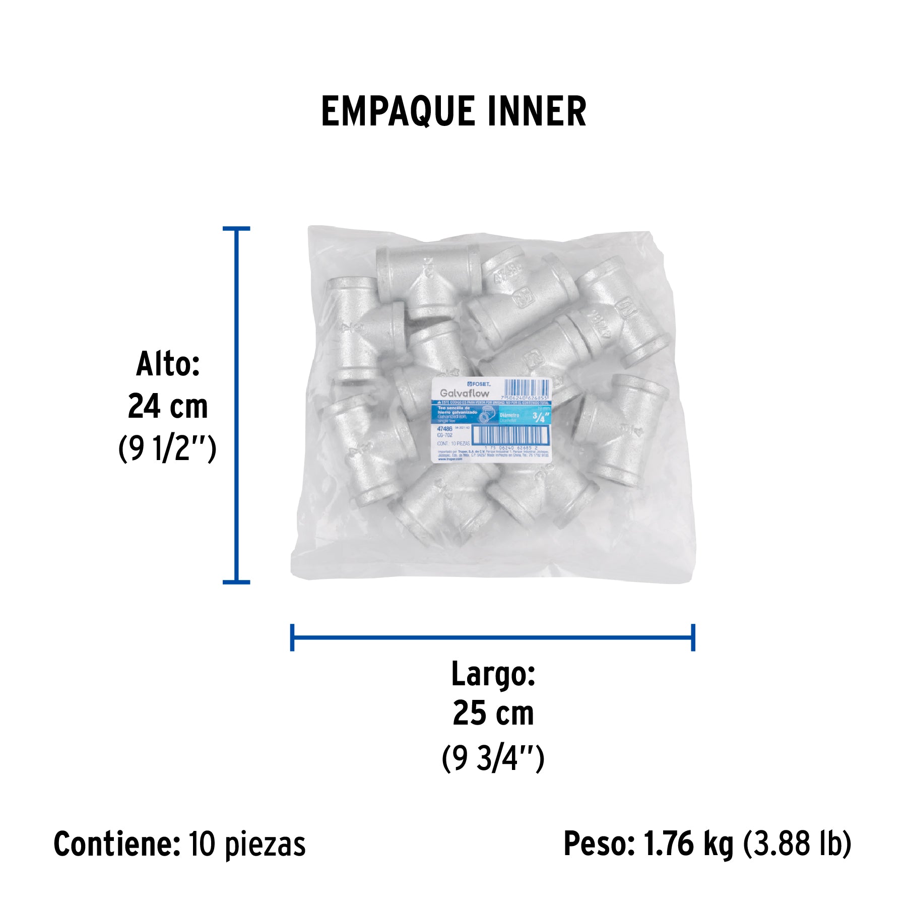 Tee sencilla, acero galvanizado, 3/4"