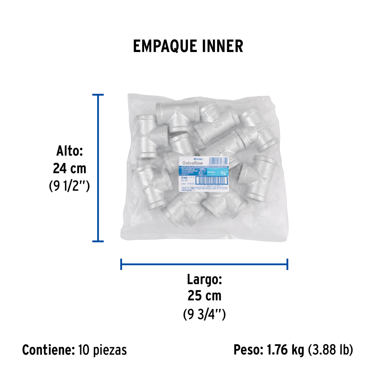 Tee sencilla, acero galvanizado, 3/4"