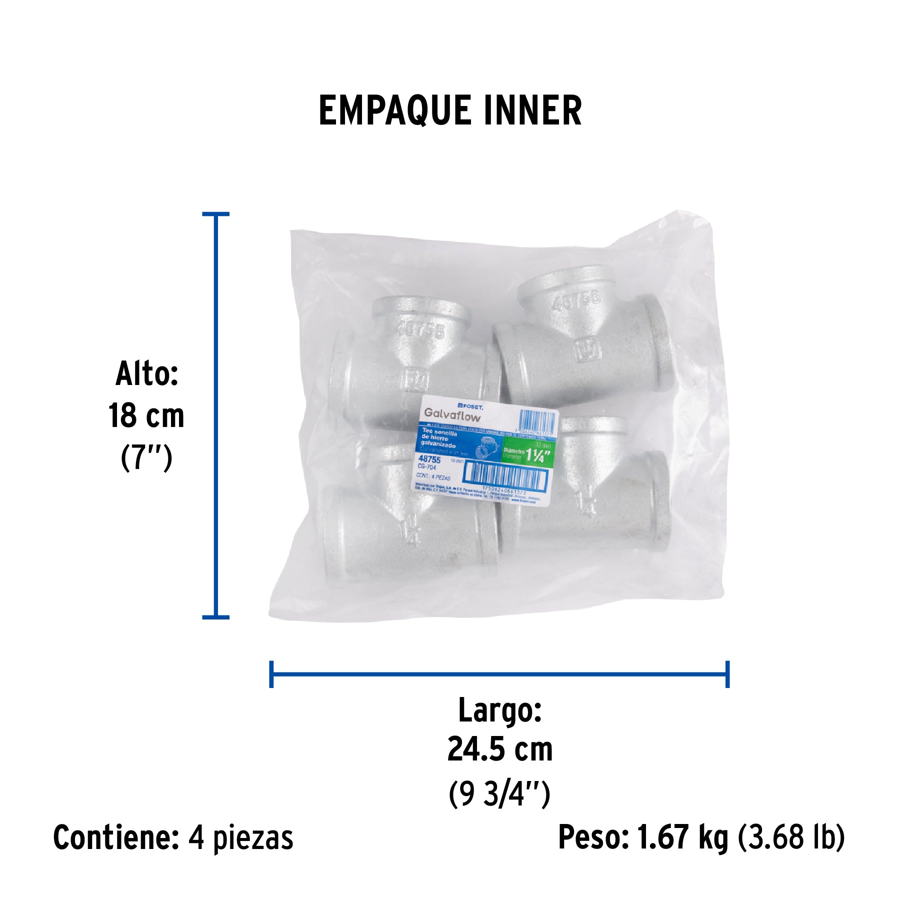 Tee sencilla, acero galvanizado, 1-1/4"