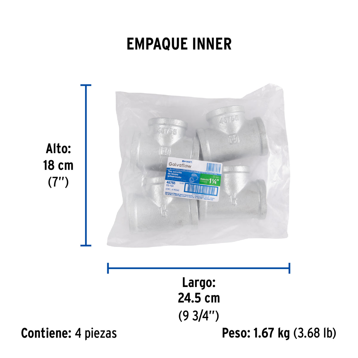 Tee sencilla, acero galvanizado, 1-1/4"
