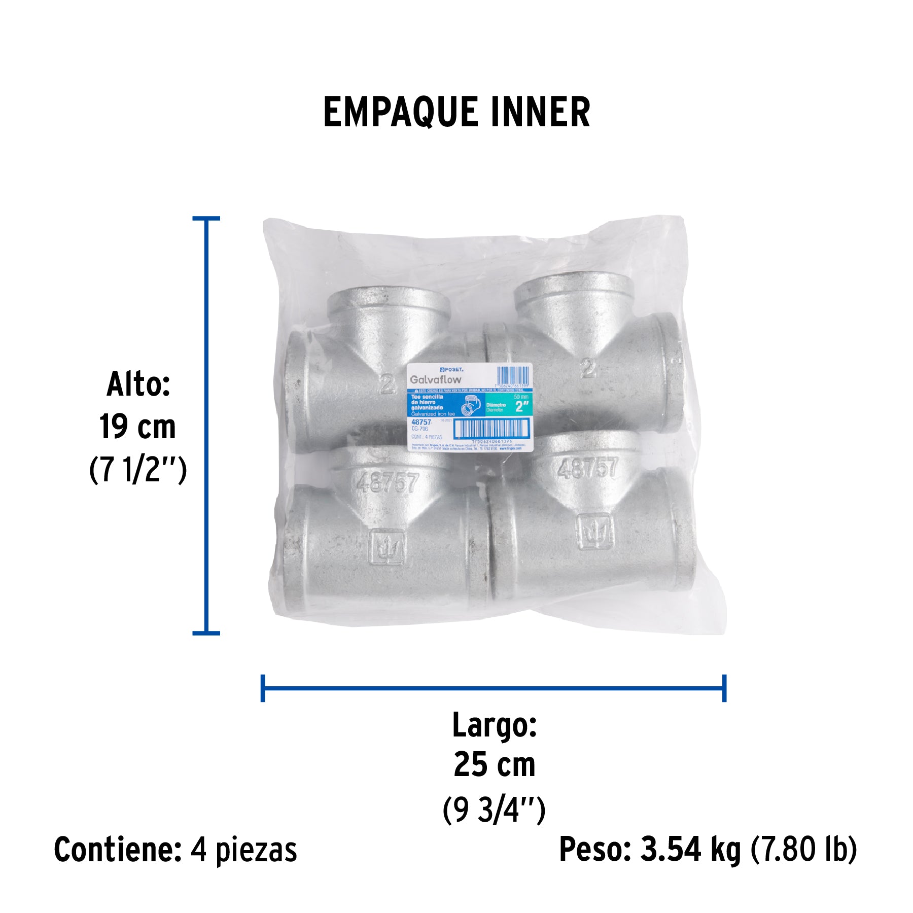Tee sencilla, acero galvanizado, 2"