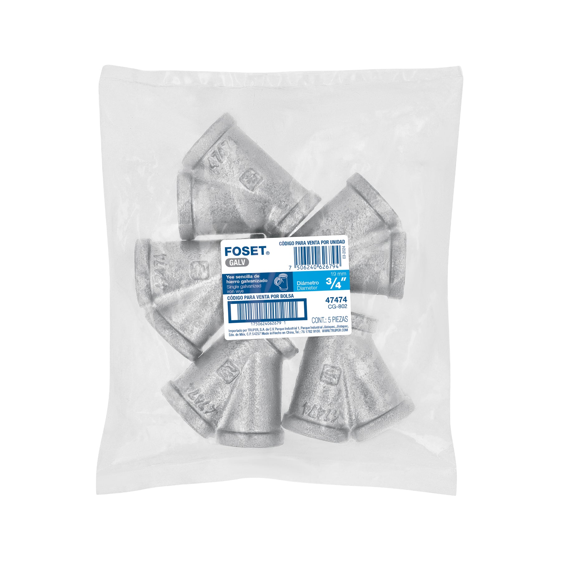 Yee sencilla, acero galvanizado, 3/4"