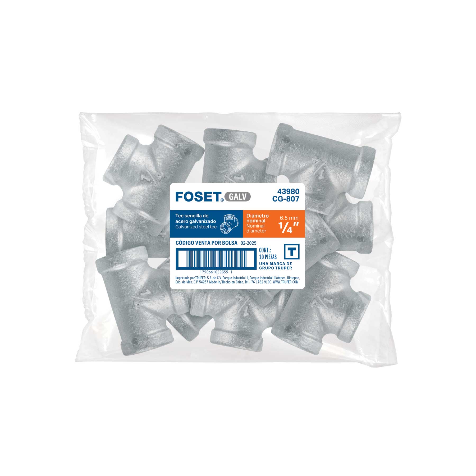 Tee sencilla acero galvanizado 1/4', FOSET