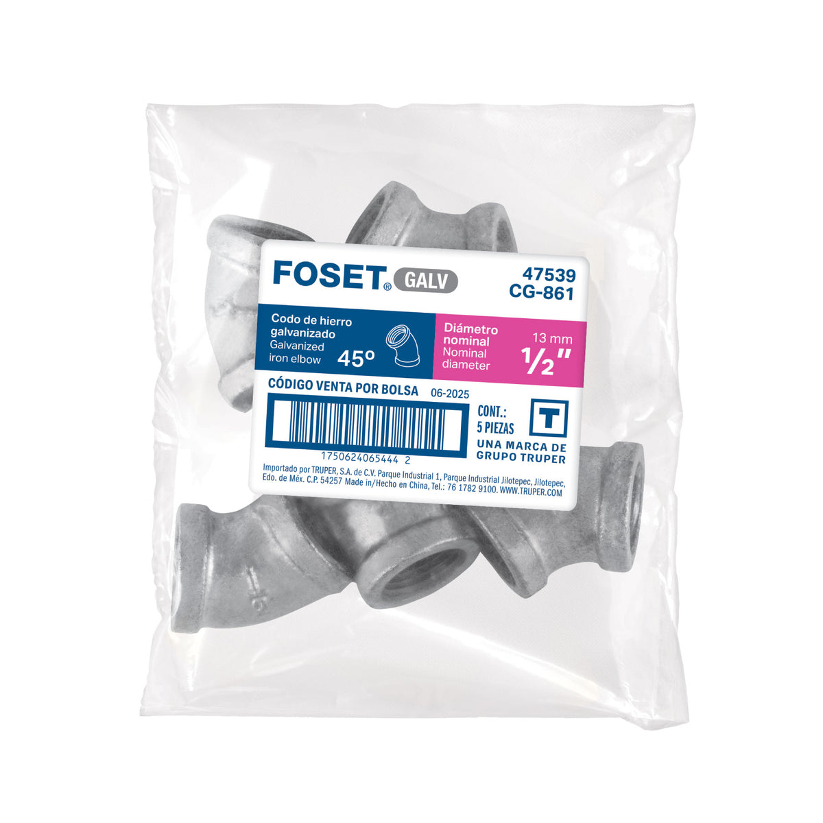 Codo 45°, acero galvanizado, 1/2"