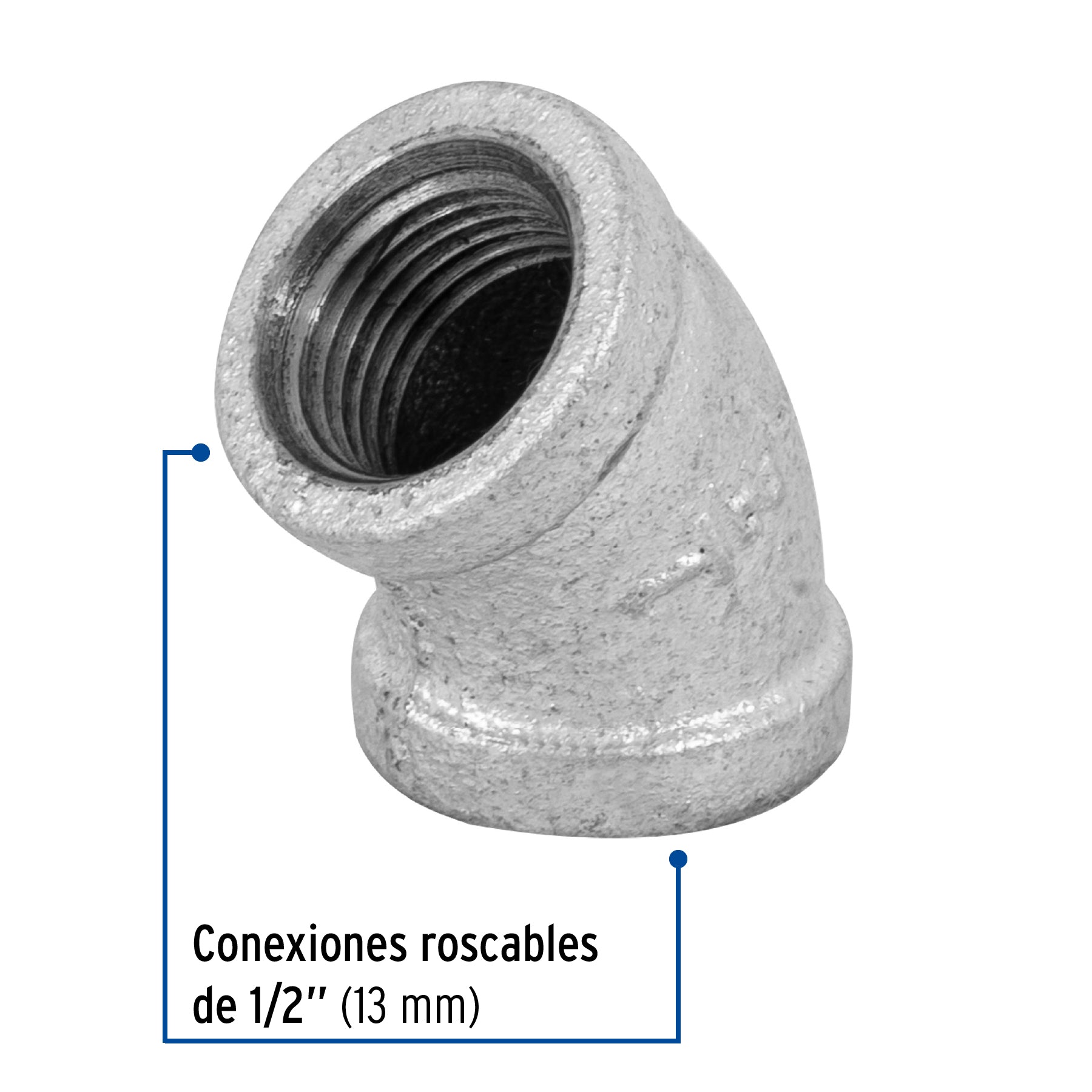Codo 45°, acero galvanizado, 1/2"