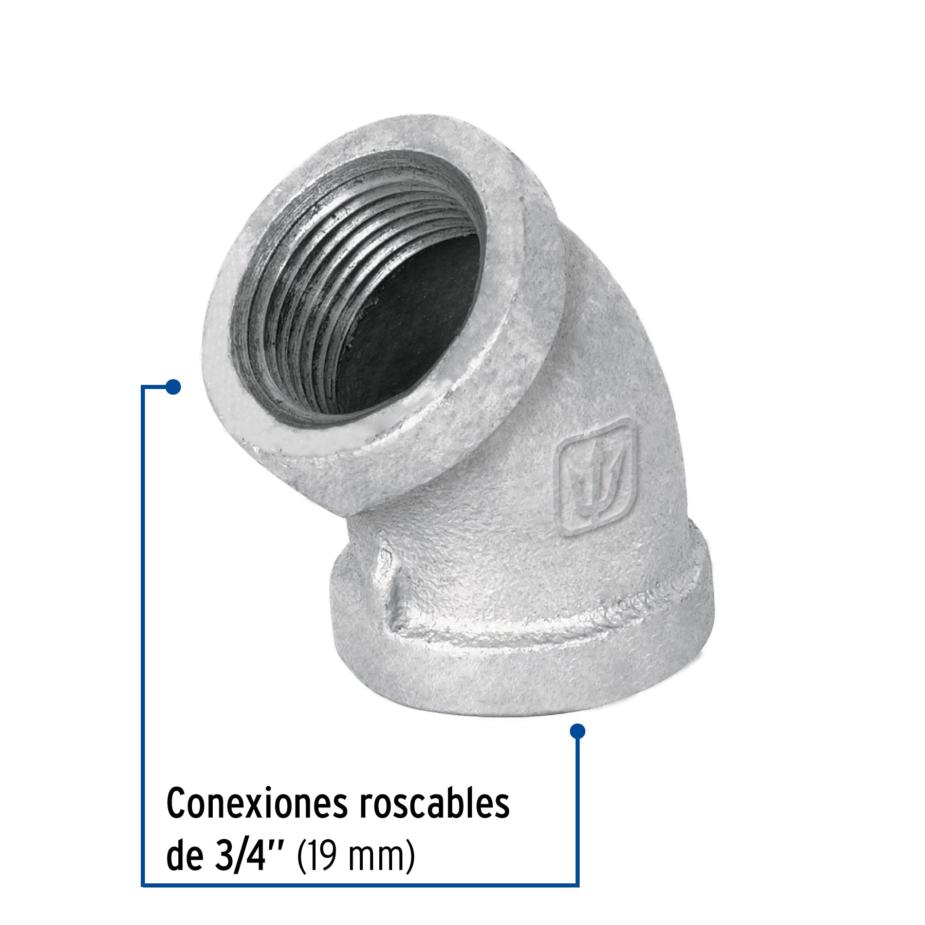 Codo 45°, acero galvanizado, 3/4"