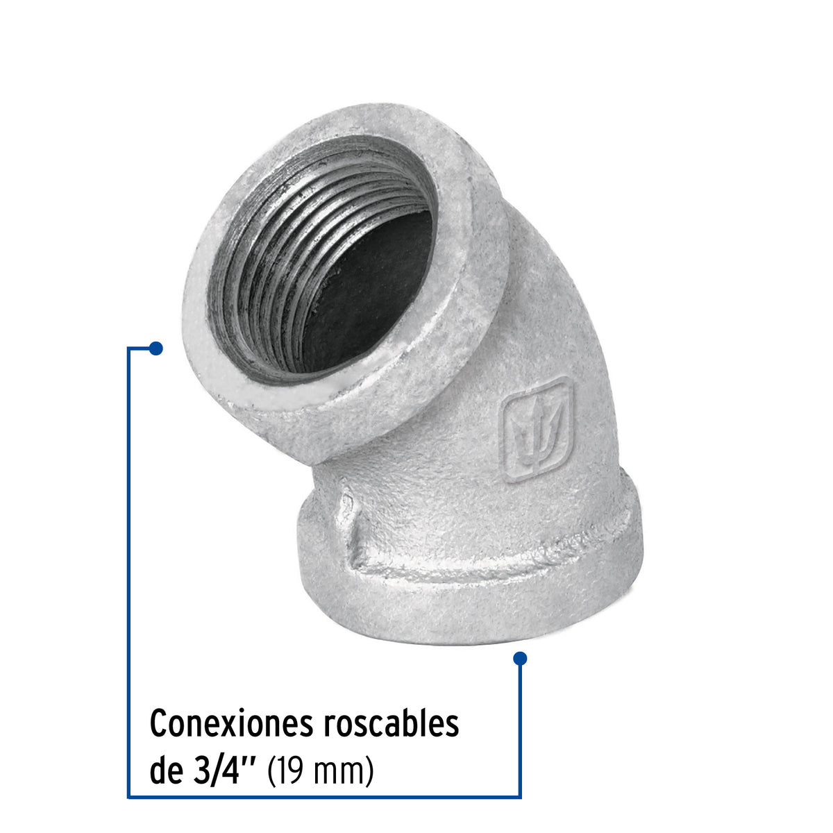 Codo 45°, acero galvanizado, 3/4"