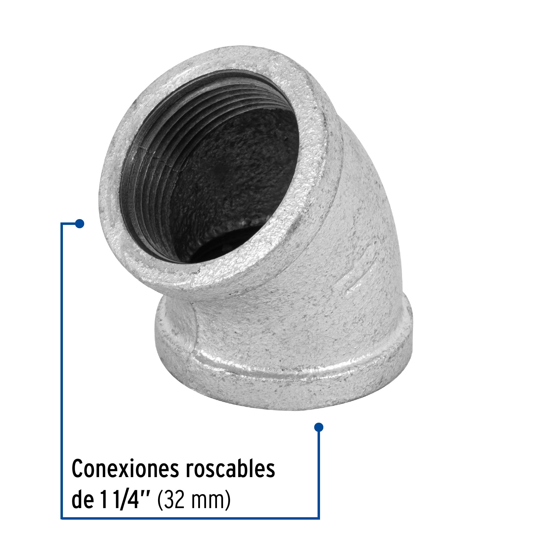 Codo 45°, acero galvanizado, 1-1/4"