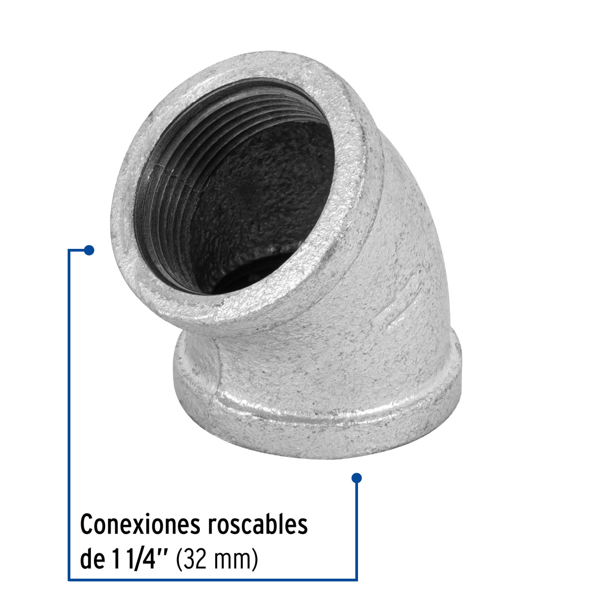 Codo 45°, acero galvanizado, 1-1/4"