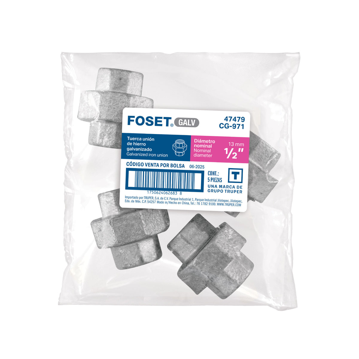 Tuerca unión, acero galvanizado, 1/2"