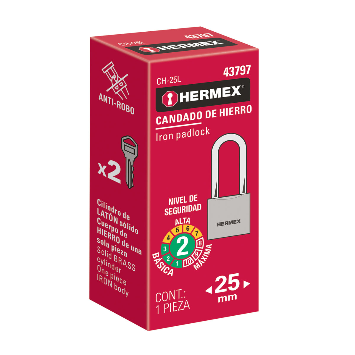 Candado de hierro, 25mm, gancho largo, caja